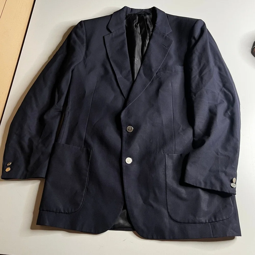 Burberrys Vintage Mens Navy Blue Wool Blazer Silver Crest Buttons Rodes 42R